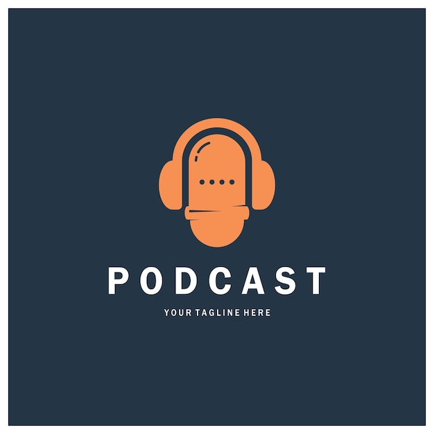 Vetor logotipo do podcast com microfone e fone de ouvido ondas de rádio de áudio para bate-papo em estúdio