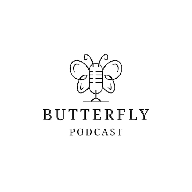 Logotipo do podcast com modelo de design de estilo de linha borboleta vetor plano