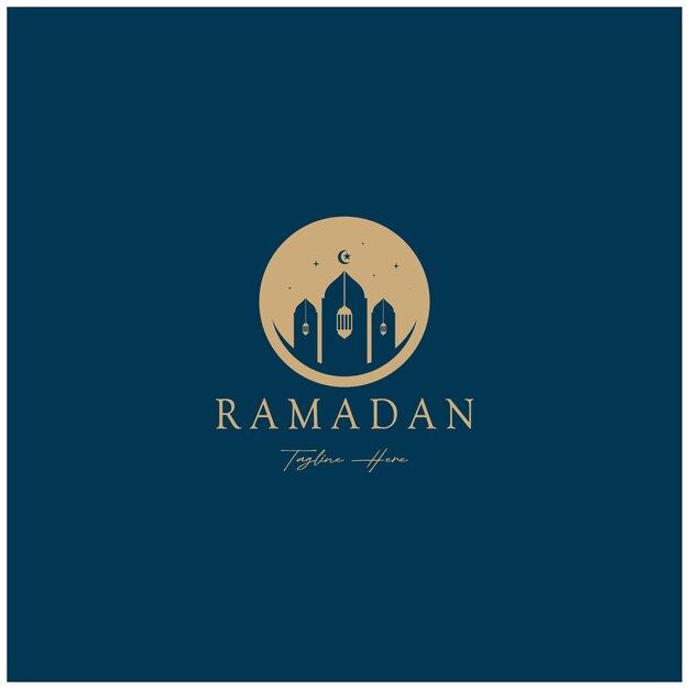 Vetor logotipo do ramadan mubarak com elementos de lanterna, lua crescente e estrela, edifício da mesquita, caligrafia islâmica