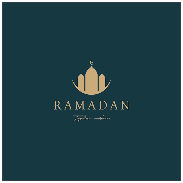 Logotipo do ramadan mubarak com elementos de lanterna, lua crescente e estrela, edifício da mesquita, caligrafia islâmica