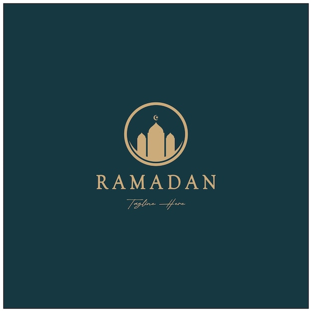 Vetor logotipo do ramadan mubarak com elementos de lanterna, lua crescente e estrela, edifício da mesquita, caligrafia islâmica