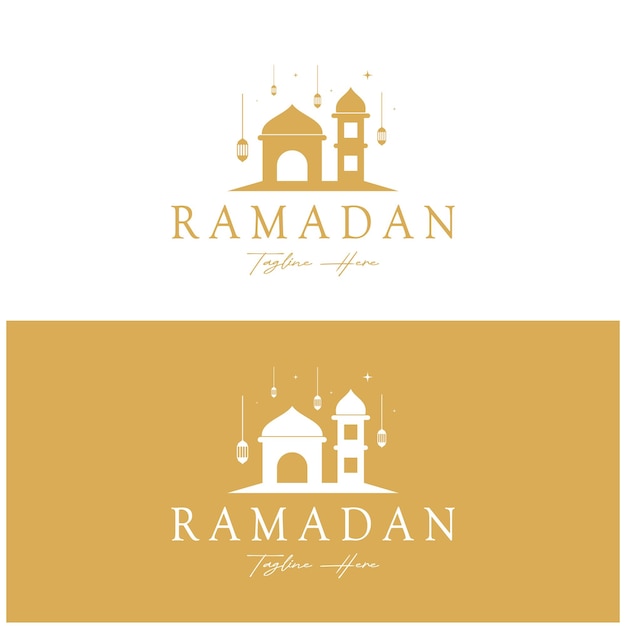 Vetor logotipo do ramadan mubarak com elementos de lanterna, lua crescente e estrela, edifício da mesquita, caligrafia islâmica