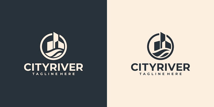 Vetor logotipo do rio da cidade criativa, construindo com design de logotipo do símbolo de água