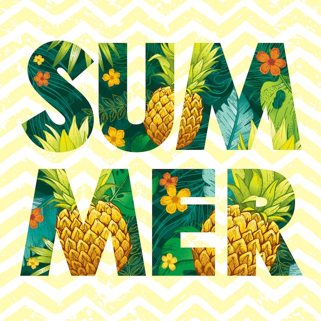 Logotipo do verão com desenho frutas abacaxi e folhas tropicais.