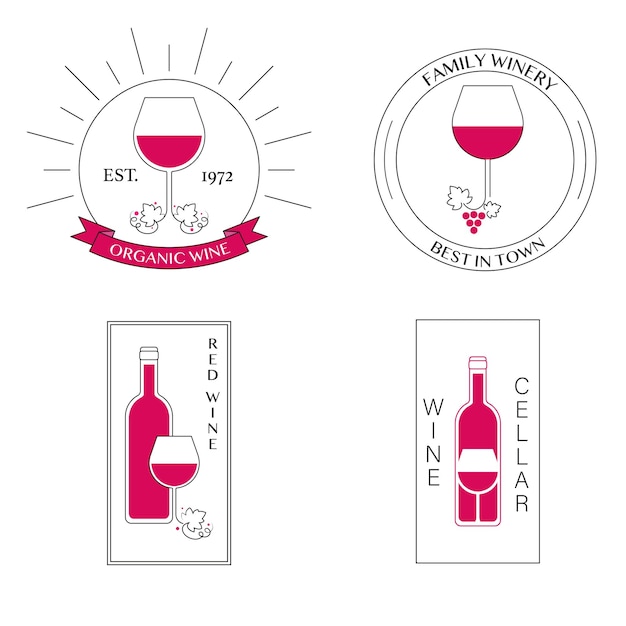 Logotipo do vinho Conjunto de logotipo para vinhedo de adega de bar de vinho com videira e garrafa de vidro de vinho Design mínimo