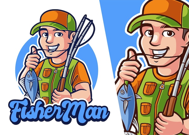 Vetor logotipo dos desenhos animados da mascote do homem de fisher. logotipo de profissão de personagem de homem