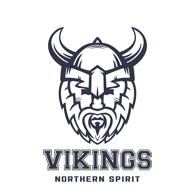 Logotipo dos vikings, guerreiro barbudo no capacete com chifres sobre o branco