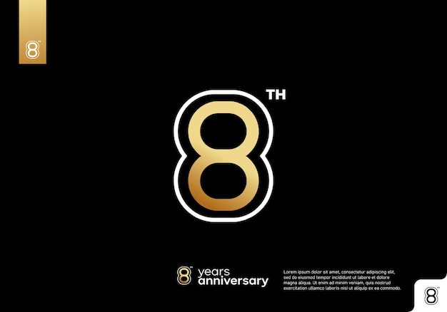 Logotipo dourado da celebração do 8º aniversário em fundo preto