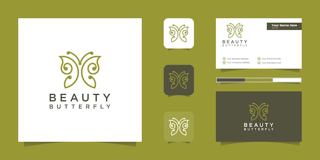 Logotipo e cartão de visita em forma de monograma de linha de borboleta minimalista
