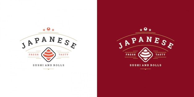 Vetor logotipo e distintivo do sushi restaurante de comida japonesa com sushi de salmão e silhueta de cozinha asiática