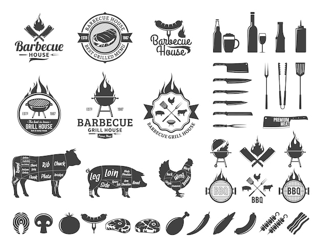 Logotipo e rótulos de churrasco icones de carne, legumes, cerveja, vinho e equipamentos