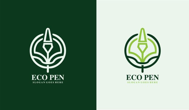 Vetor logotipo eco pen com combinação de plantas em estilo de design de arte de linha