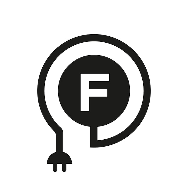 Vetor logotipo elétrico na letra f sinal logotipo da letra f com cabo de ondulação e adaptador de plugue eletricidade industrial e modelo de vetor de tecnologia