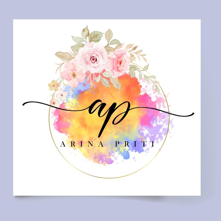 Vetor logotipo em aquarela folhas florais pincelada e glitter dourado