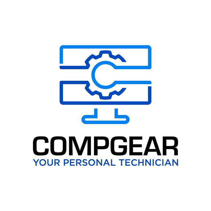 Vetor logotipo especializado em conserto de computador comgear