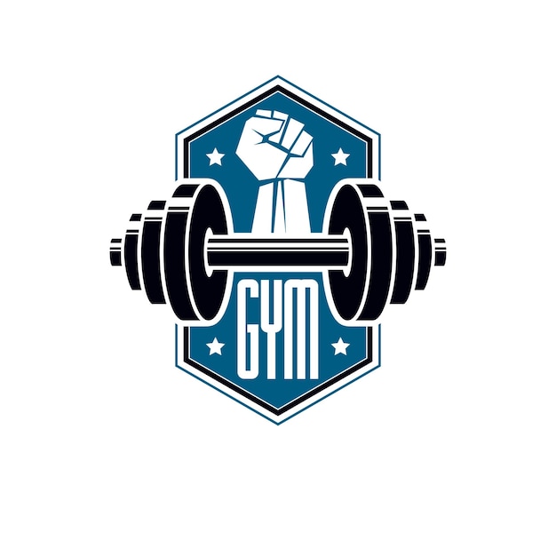 Logotipo esportivo para academia de levantamento de peso e clube de fitness, emblema vetorial de estilo retrô. com barra.