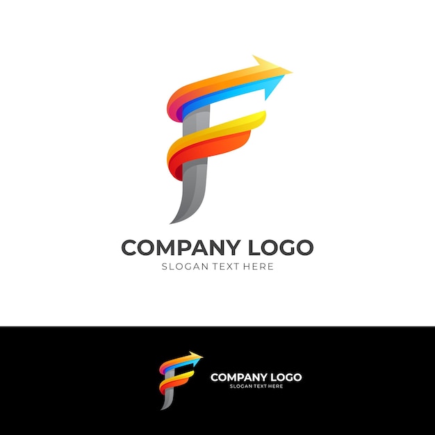 Vetor logotipo f com combinação de modelo de design de seta, estilo colorido 3d