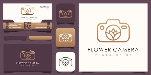 Logotipo floral da câmera, desenho vetorial simples e elegante