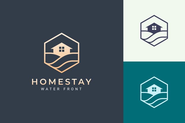 Vetor logotipo imobiliário com tema mar ou praia em linha simples e formato hexagonal