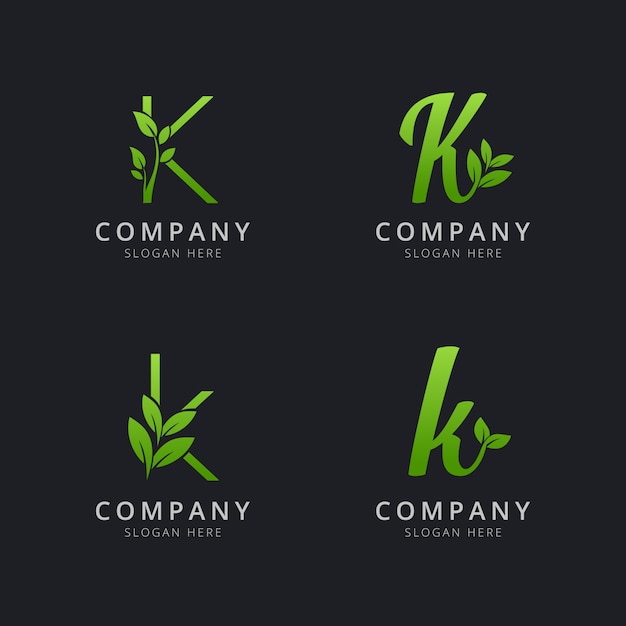 Logotipo inicial k com elementos de folha na cor verde