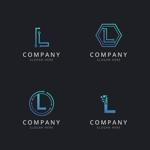 Logotipo inicial l com elementos de tecnologia na cor azul