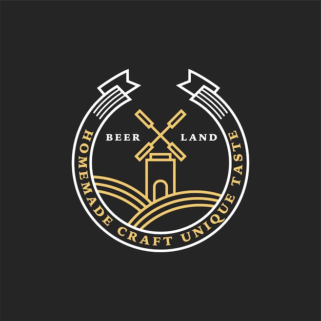 Vetor logotipo linear dourado da cervejaria. moinho e fita