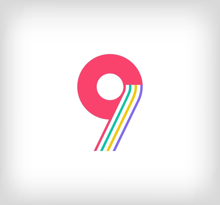 Vetor logotipo linear multicolorido de número étnico criativo 9 linhas numéricas modernas com novas cores culturais