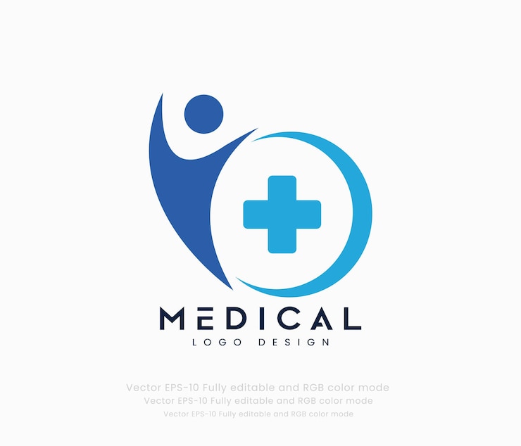 Vetor logotipo médico com uma cruz azul e um símbolo de mais