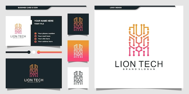 Logotipo minimalista da tecnologia do leão com conceito de arte de linha criativa e design de cartão de visita premium vektor