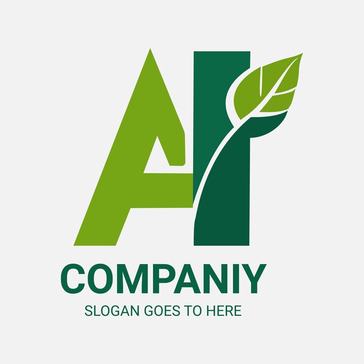 Logotipo moderno de IA verde com design de texto de folha e empresa