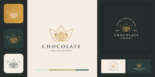 Logotipo moderno vintage crown cacau em grãos e cartão de visita