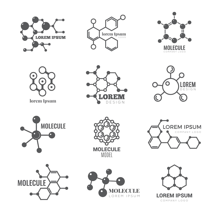 Vetor logotipo molecular. química dna molécula estrutura científica átomo negócios marca vector conceito