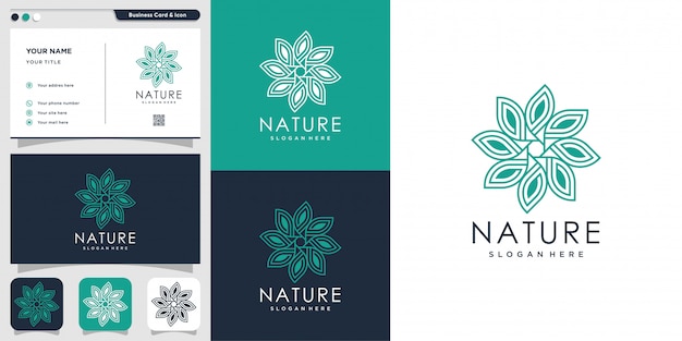 Logotipo natural com estilo de arte de linha e modelo de design de cartão de visita, fresco, linha artística, flor, folha, resumo