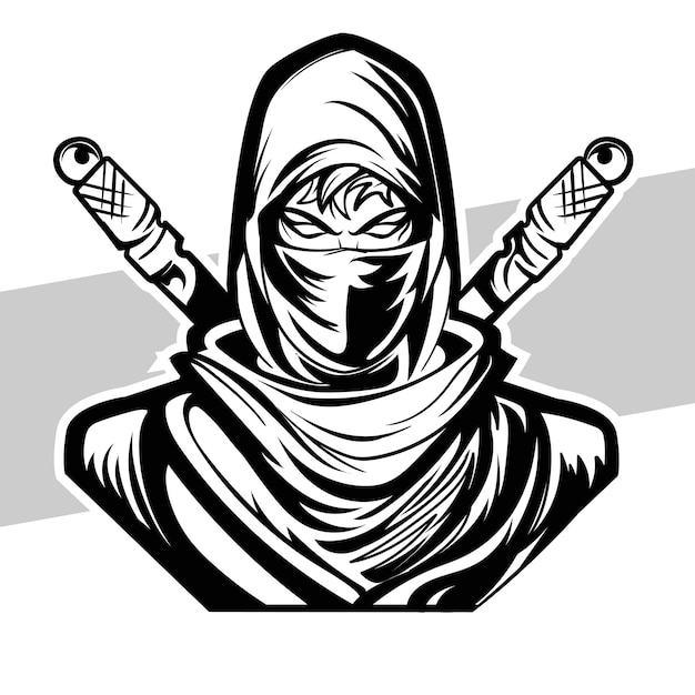 Logotipo ninja preto e branco esport team para impressão de camiseta e  ilustração ninja de tatuagens