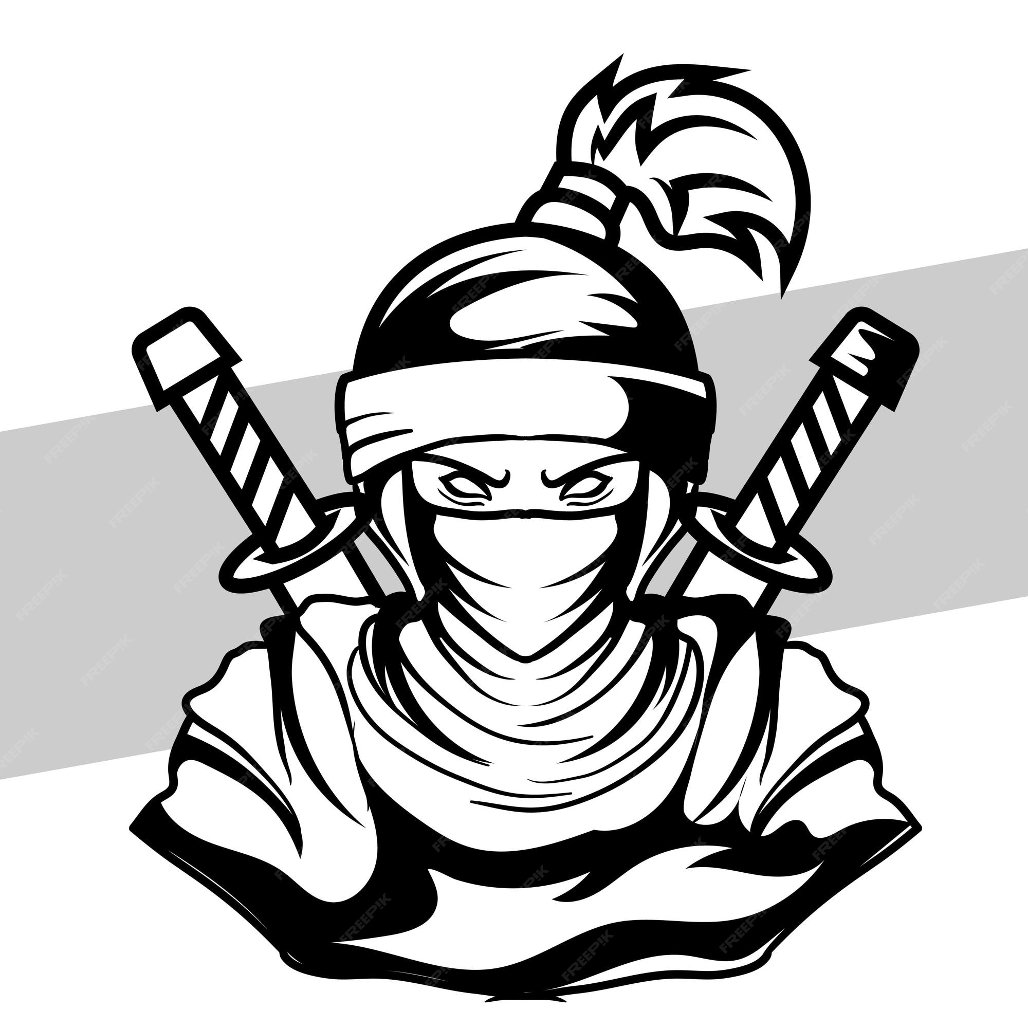 Logotipo ninja preto e branco esport team para impressão de camiseta e  ilustração ninja de tatuagens