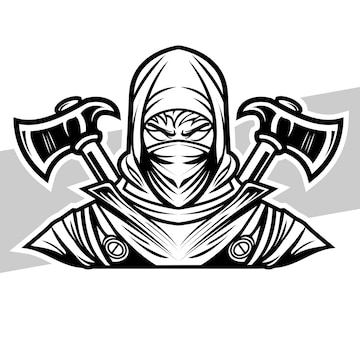 Logotipo ninja preto e branco esport team para impressão de camiseta e  ilustração ninja de tatuagens