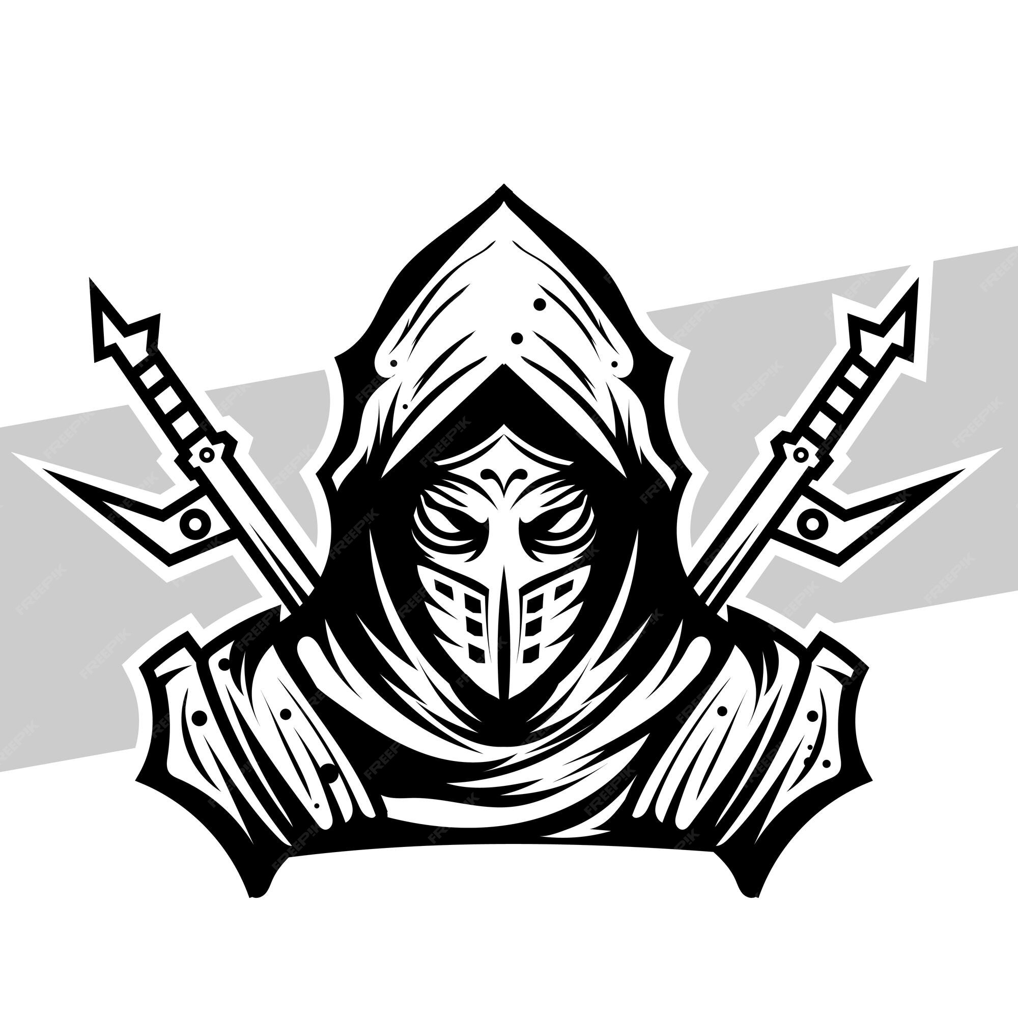 Logotipo ninja preto e branco esport team para impressão de camiseta e  ilustração ninja de tatuagens