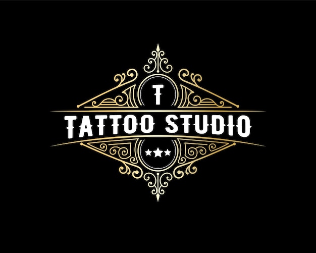 Logotipo ornamental de luxo vintage com letras de barbearia detalhada para salão de beleza do barbeiro do estúdio de tatuagem