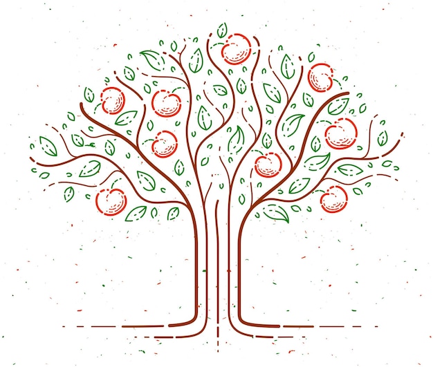 Logotipo ou ícone de desenho de estilo linear de árvore frutífera de maçã bonita, desenho perfeito.