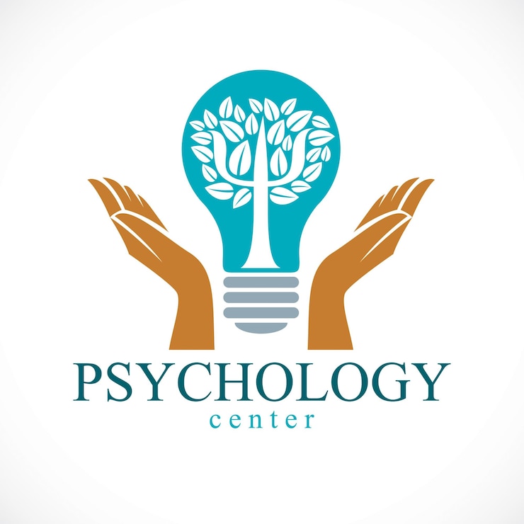 Vetor logotipo ou ícone vetorial do conceito de psicologia criado com o símbolo grego psi como uma árvore com folhas dentro da lâmpada de ideia com mãos carinhosas de psicoterapeuta, conceito de saúde mental.