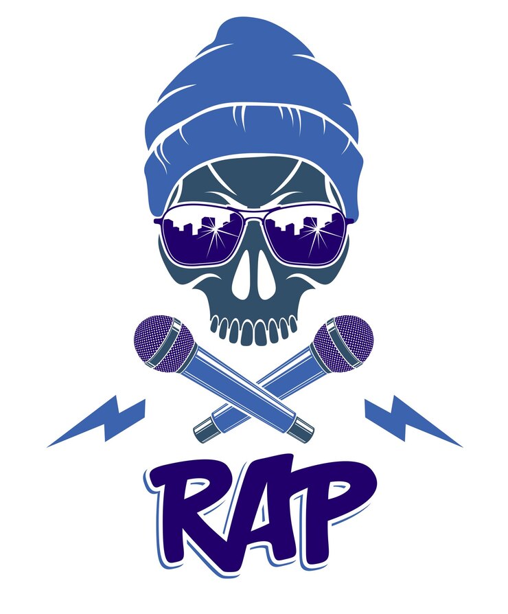 Vetor logotipo ou rótulo de vetor de música hip hop com crânio perverso e dois microfones cruzados como ossos cruzados, festival de festa de boate de rimas de rap ou emblema de concerto, estampa de camiseta.