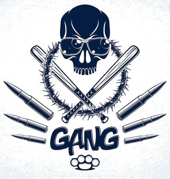 Logotipo ou tatuagem do emblema do gângster com tacos de beisebol de caveira agressiva e outras armas e elementos de design, vetor, estilo vintage de gueto criminoso, anarquia de gângster ou tema de máfia.