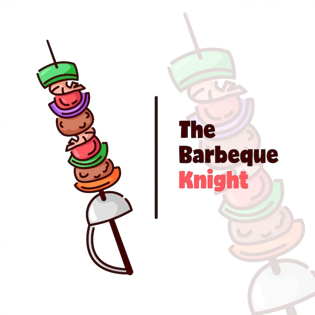 Logotipo para barbeque com vegetais e carne comprada pela espada de agulha de cavaleiro