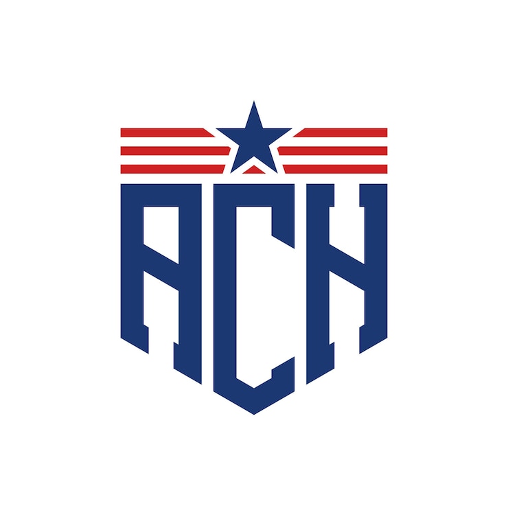 Vetor logotipo patriótico ach com estrela e tiras de bandeira americana letra logotipo ach com bandeira dos estados unidos