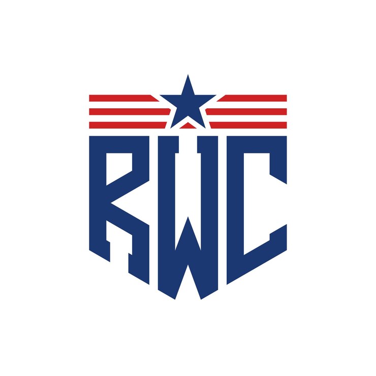 Vetor logotipo patriótico rwc com estrela e cinturões de bandeira americana letra logotipo rwc com bandeira dos estados unidos