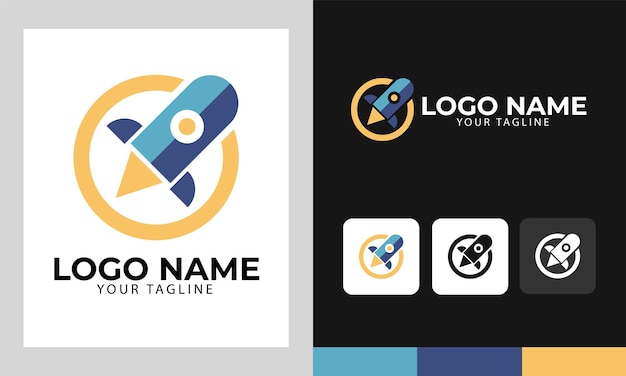 Logotipo pictórico com forma de círculo e foguete