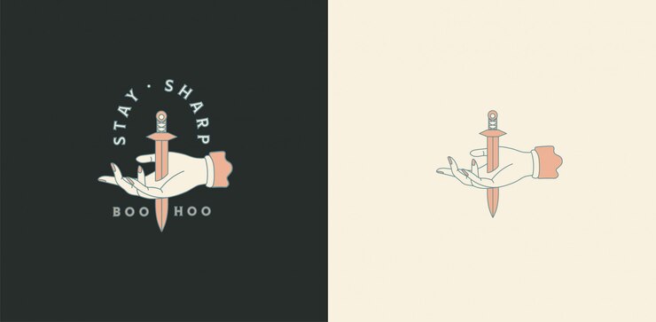 Vetor logotipo premade com punhal. gráfico de logotipo personalizável, design de mão desenhada com tipografia. espada, arma. ativos e elementos de marca pessoal