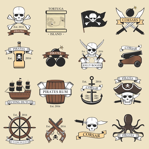 Logotipo profissional moderno pirata emblemas marinhos espada náutica antigo modelo de esqueleto e crânio roger mar ícone capitão oceano arte elemento