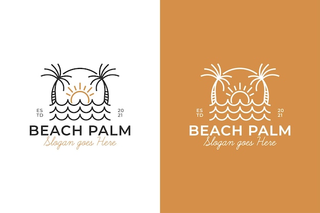 Logotipo retro vintage da palmeira da natureza na praia ou oceano com onda para vibrações de verão modelo de logotipo de férias