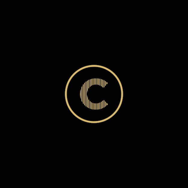 Vetor logotipo simples da letra c de ouro com círculos e fundo preto